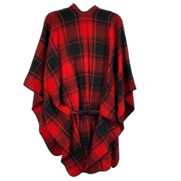 Cato Cape OS Red + Black Oversized Tartan Plaid Cape Acrylic Ties at Waist Warm - Picture 2 of 8